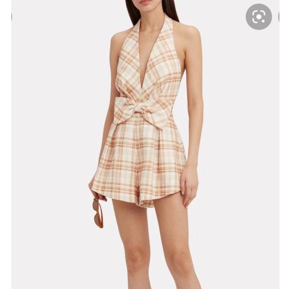 Zimmermann Plaid Print Playsuit in Tan Check Romper / Jump, Beige, (Size 0 (XS)